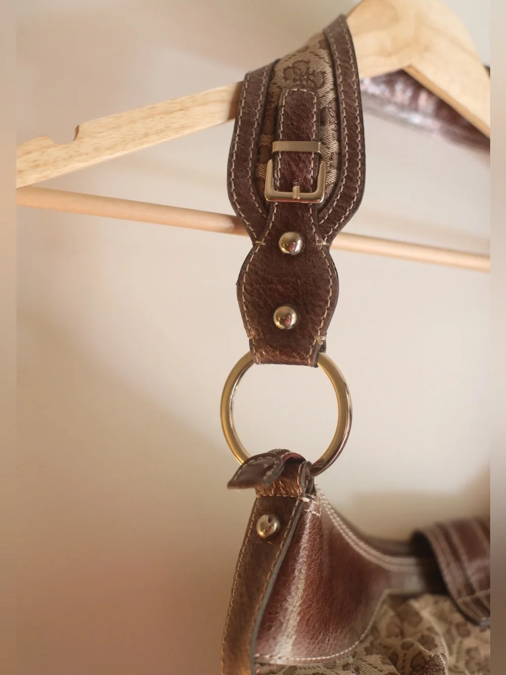 Guess Monogram Hobo Shoulder Bag Brown Canvas Faux Leather Y2K